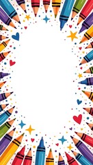 Fototapeta premium Hand-drawn doodle border with colorful crayon strokes, stars, hearts, and scribbles, perfect for school event posters, kids’ certificates, or playful designs.