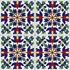 Traditional Talavera Pottery Inspired Seamless Tile in Blue, Yellow, and Green - Repeating Background