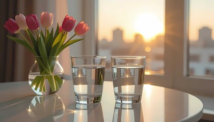 Pink tulips in glass vase near window, peaceful warm light