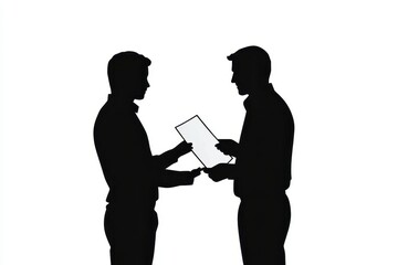 Man handing document to colleague icon vector illustration isoleted on white background in black silhouette complex photo.