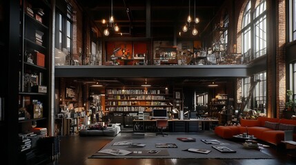 Spacious industrial loft with multiple levels, bookshelves, and a cozy orange sofa