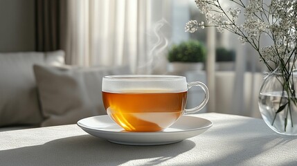 Steaming cup of tea on a table, soft light