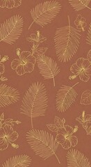 Fototapeta premium Elegant terracotta background with golden hibiscus flowers and delicate palm fronds illustration