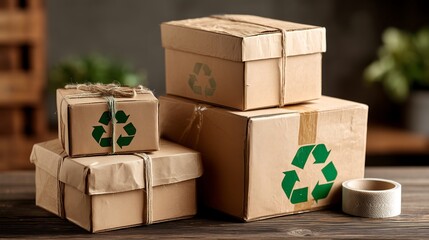 Packaging mockup showing compostable mailer bags, recycled tape, and printed eco symbols on box surface