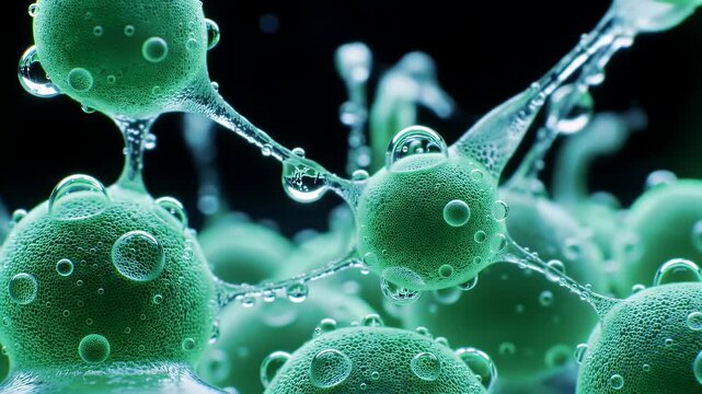 Close Up of Abstract Green Molecular Structure with Water Droplets on Black Background