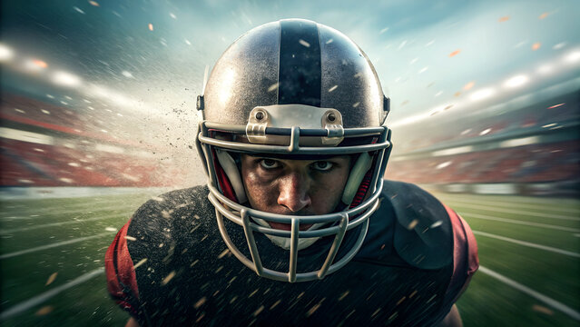 Intense American Football Player in Action During Snow Game Night