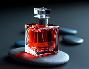A square glass perfume bottle filled with red liquid rests on a smooth grey stone, surrounded by other stones on a dark surface.