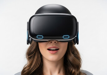 Woman experiencing immersive virtual reality, headset, amazed expression, technology, future.