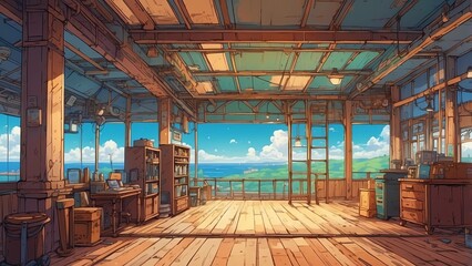 Fototapeta premium ゲーム背景 吹き抜けの海にあるテラスカフェ席