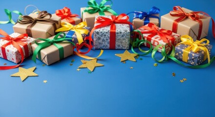 Naklejka premium Colorful Gift Boxes with Ribbons and Confetti present