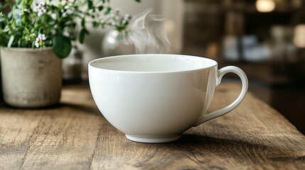 Fototapeta premium White mug with steam, plants, wooden table