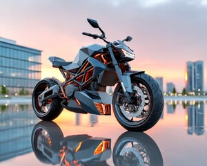 Futuristic motorcycle at sunset
