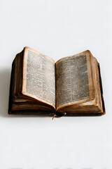 Bible book opened flat against a clean white backdrop