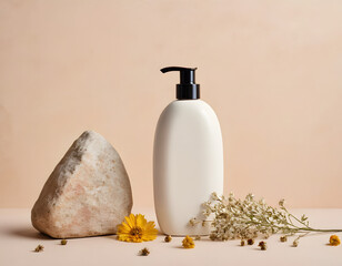 A white pump bottle sits next to a rock and small flowers on a beige surface, showcasing a natural beauty product.