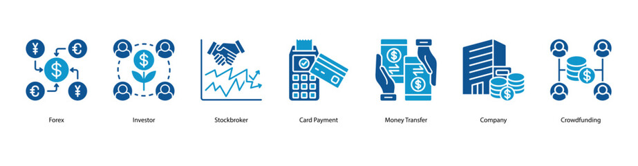 Investment Network banner web icon set vector illustration concept with icon of forex, investor, stockbroker, card payment, money transfer, company, crowdfunding