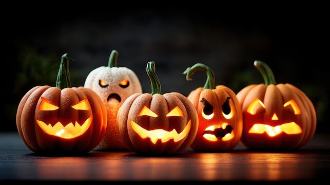 Halloween pumpkins glowing in the dark