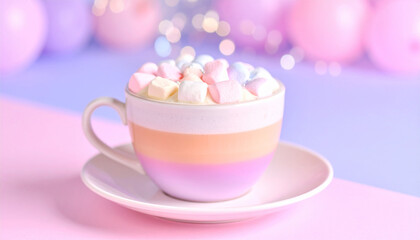 Fototapeta premium Marshmallow Dream in a Pastel Cup: A delightful cup of coffee with a swirl of pastel colors, topped with fluffy marshmallows, on a matching saucer.