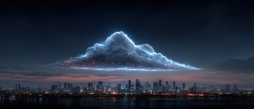 Futuristic city skyline under a glowing cloud