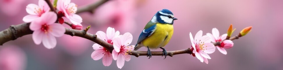 Naklejka premium Blue tit perched on delicate pink cherry blossom branch, cute, floral