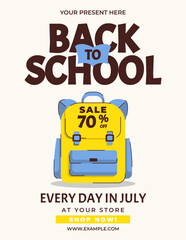 Back to school sale, discount card or flyer with schoolbag, backpack. Template for education ads and school promotions. Vector illustration
