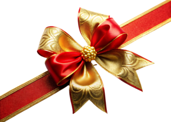 Elegant red ribbon bow with gold swirls on black background