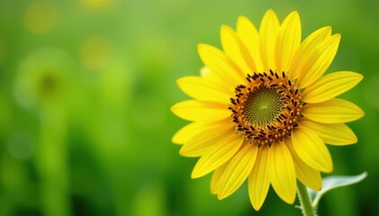 Fototapeta premium Close-up, bright yellow sunflower head, green field background, sunflower, stem