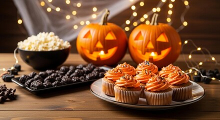 Photo of festive halloween cupcakes and carved pumpkins create a spooky atmosphere for a fun holiday celebration