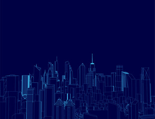 Blue city skyline with wireframe skyscrapers glowing against a dark blue background. White outlines highlight the modern architecture, creating a striking contrast.