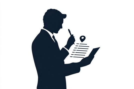Man in blazer reviewing task list icon vector illustration isoleted on white background in black silhouette complex photo . - Powered by Adobe