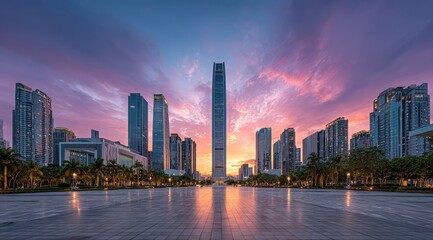 Fototapeta premium City skyline at sunrise, reflecting in a plaza
