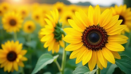 Fototapeta premium Close-up of blooming sunflowers, flat vector style , artwork, floral