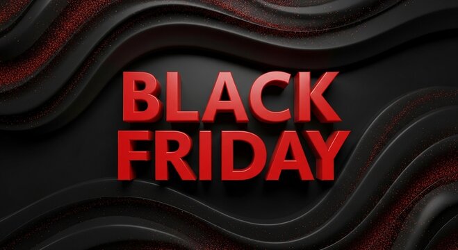 Photo of bold red black friday text on a dark rippled background with red glitter accents to promote holiday sales