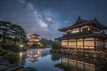 Obraz premium Japanese Temple Under Night Sky