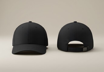 A versatile black baseball hat template with front and rear views. Clean, isolated product mockup for apparel branding and design.