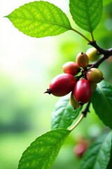 Coffee tree branches with green leaves and developing fruit , macro, coffee bean plant, green