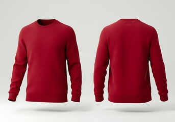 A plain red crew neck sweatshirt mockup shown from the front and back view, a blank fleece template for apparel design and branding.