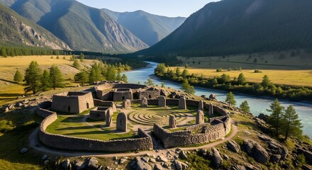 Ancient Stone Circle Amidst Mountainous Landscape, Scenic River Valley