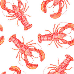 Seamless watercolor pattern with red lobsters and claws on white background. Ideal for seafood wrapping paper, marine themed fabric, kitchen towels, or coastal culinary packaging.