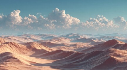 Expansive desert landscape under a bright, cloudy sky