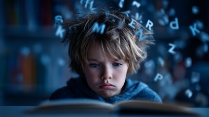 Fototapeta premium Young Boy Struggling with Reading Amidst Floating Letters and Dreamy Background