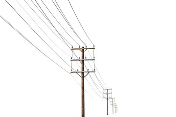 A wooden utility pole with several electrical wires stretching diagonally across a transparent background