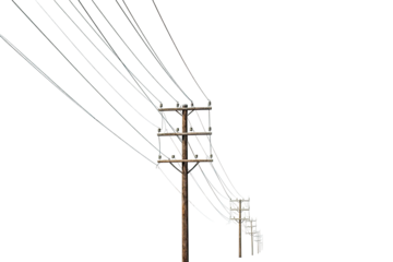 A wooden utility pole with several electrical wires stretching diagonally across a transparent background