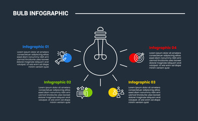 bulb creative idea solution infographic process diagram with center position with half circle structure on bottom with dark background bright outline style 4 points