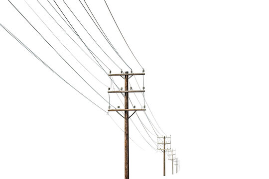 A wooden utility pole with several electrical wires stretching diagonally across a transparent background