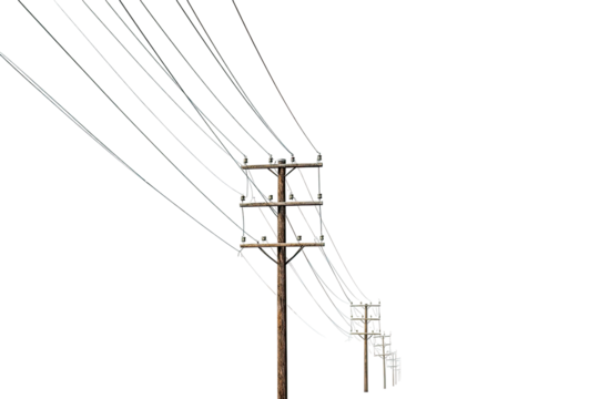 A wooden utility pole with several electrical wires stretching diagonally across a transparent background