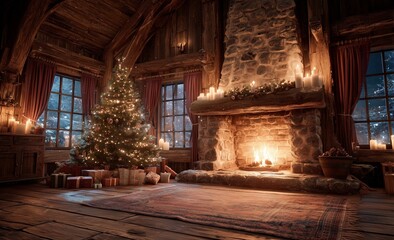 Cozy living room at night with a beautifully decorated Christmas tree and wrapped presents beside a glowing fireplace, featuring red and green holiday decorations and a warm festive atmosphere