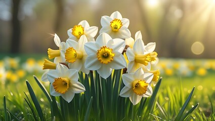 Fototapeta premium Close up of white and yellow daffodils blooming in a sunlit grassy field narcissus flower