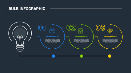 bulb creative idea solution infographic process diagram with bulb and open circle on horizontal timeline with dark background bright outline style 3 points
