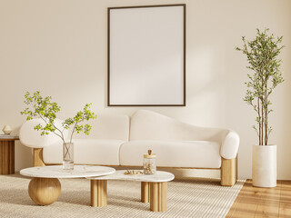 Minimalist Living Room with Wall Art Frame and Cozy Sofa – Poster Frame Mockup Design