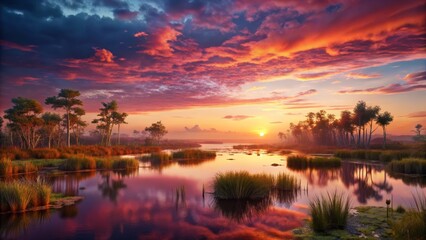Fototapeta premium Vibrant Sunset Over Tranquil Marshland
